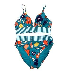 Modcloth Harper Teal Floral Stripe Bikini Top and High Waisted Bottom Size L